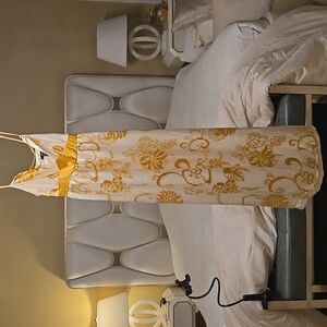 Arden B Silk Gold Floral Maxi Dress. Formal.